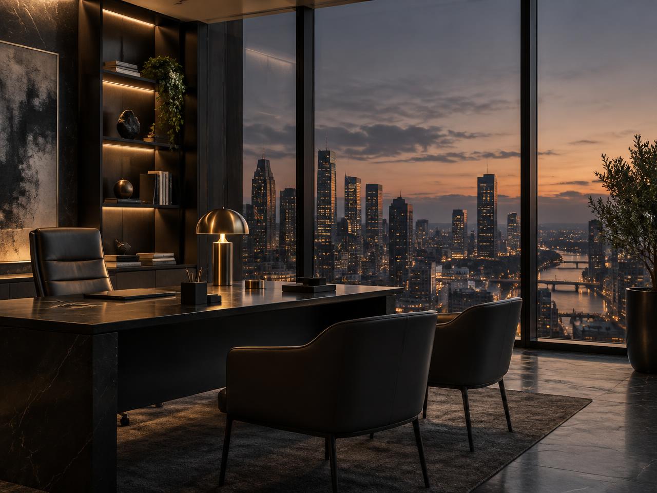 Repräsentatives Büro mit Blick über die Stadt in der Abenddämmerung